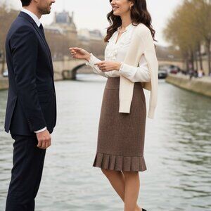 DESIGNER Oscar de la Renta‎ quiet luxury tweed pencil skirt; chocolate brown